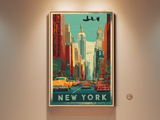 Vintage New York City art print showcases the Empire State Building. Classic yellow cabs add to the retro cityscape wall decor. This eclectic home gift features a teal orange palette adding urban charm.