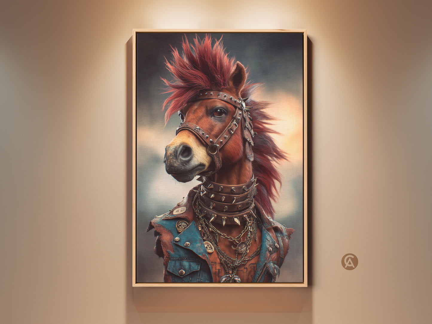 Framed Mohawk Horse Canvas Art Print for man cave decor. Gothic style punk rock animal wall art. This unique artwork adds a rebellious charm to any space. This is a great rock music fan gift