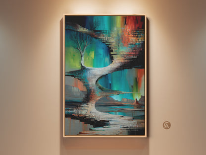 Green teal abstract art in a wooden frame. It features a desert tree wall art in a surrealist style. A textured canvas print for an eclectic home decor. A unique gift for art lovers.
