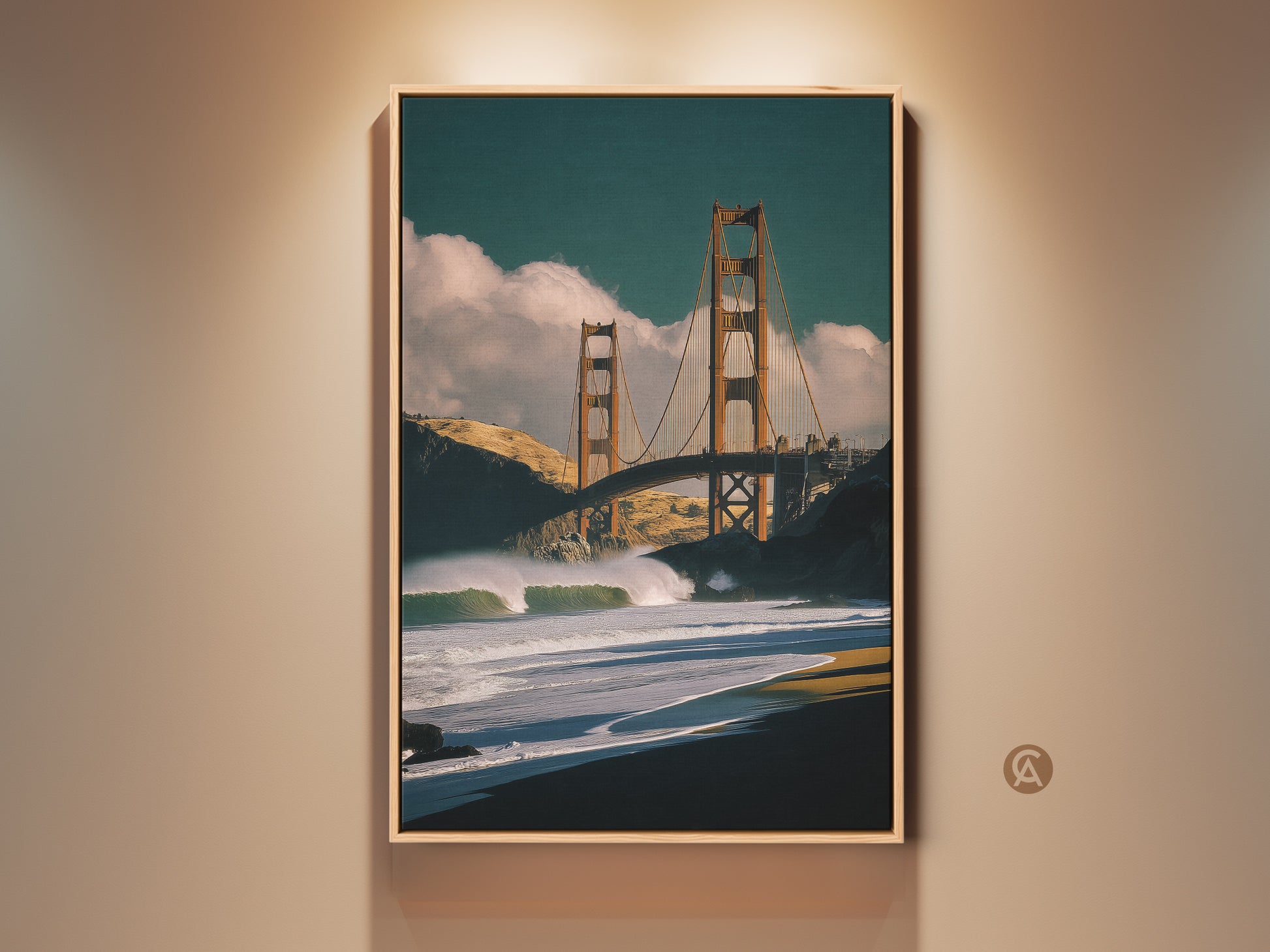 Framed Golden Gate Bridge canvas wall art. Ocean waves crash below the iconic San Francisco landmark. This coastal home decor features orange brown and teal hues. Perfect contemporary travel gift.