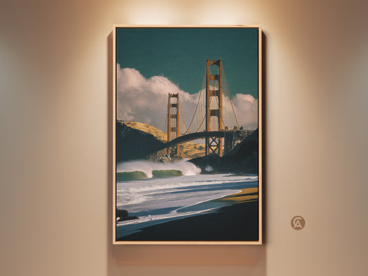 Framed Golden Gate Bridge canvas wall art. Ocean waves crash below the iconic San Francisco landmark. This coastal home decor features orange brown and teal hues. Perfect contemporary travel gift.