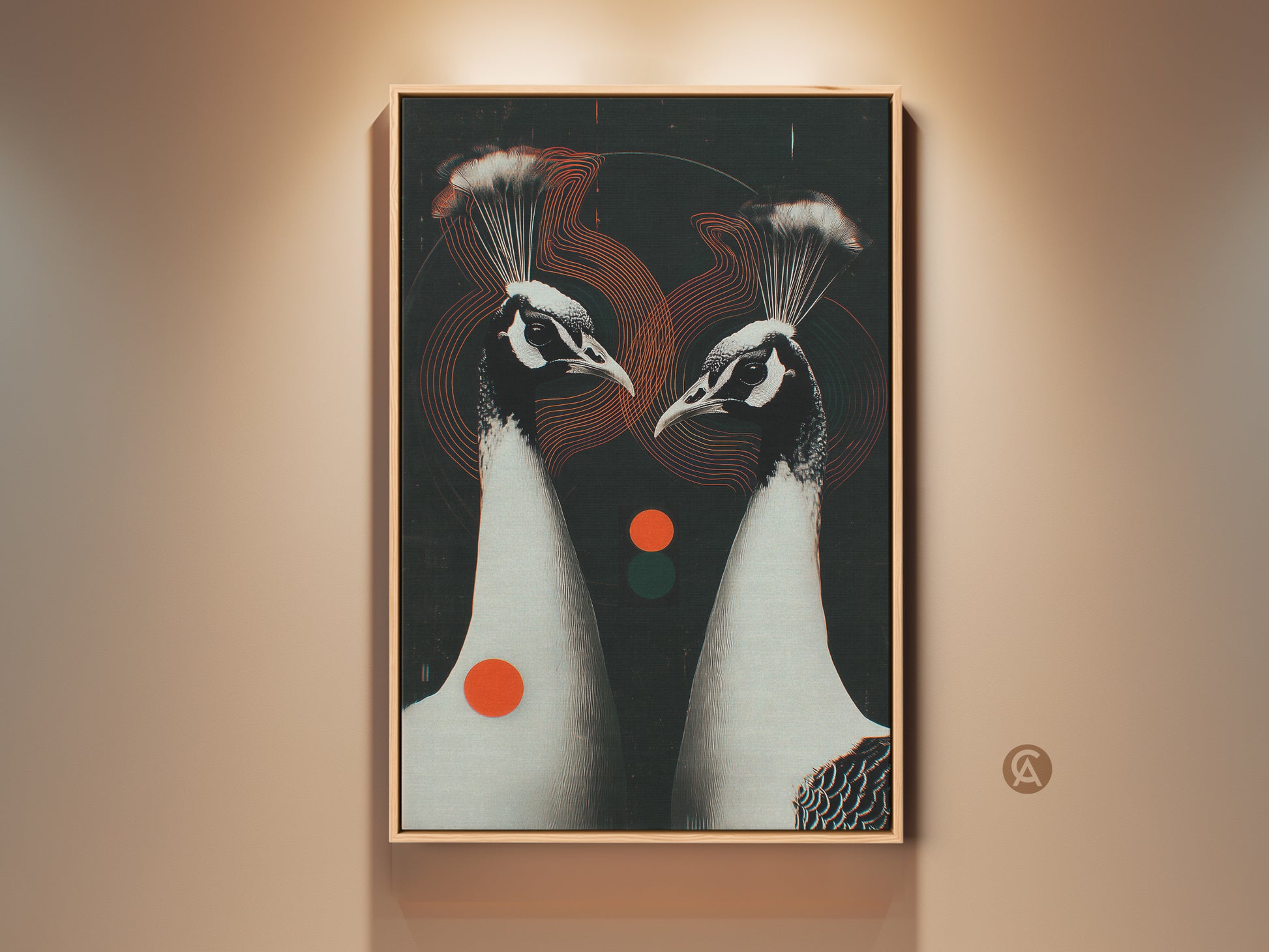 Framed Geometric Peacock Couple artwork. This contemporary art print features black white and red accents. This animal art is perfect for bedroom or home office decor. A sophisticated art piece for couples.