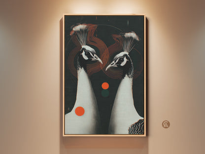Framed Geometric Peacock Couple artwork. This contemporary art print features black white and red accents. This animal art is perfect for bedroom or home office decor. A sophisticated art piece for couples.