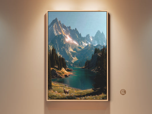 Stunning mountain lake art in a gold frame. The artwork features snow-capped peaks lush forests and a turquoise lake. A deer grazes peacefully in the foreground. Buy this framed landscape artwork to bring nature's beauty indoors.