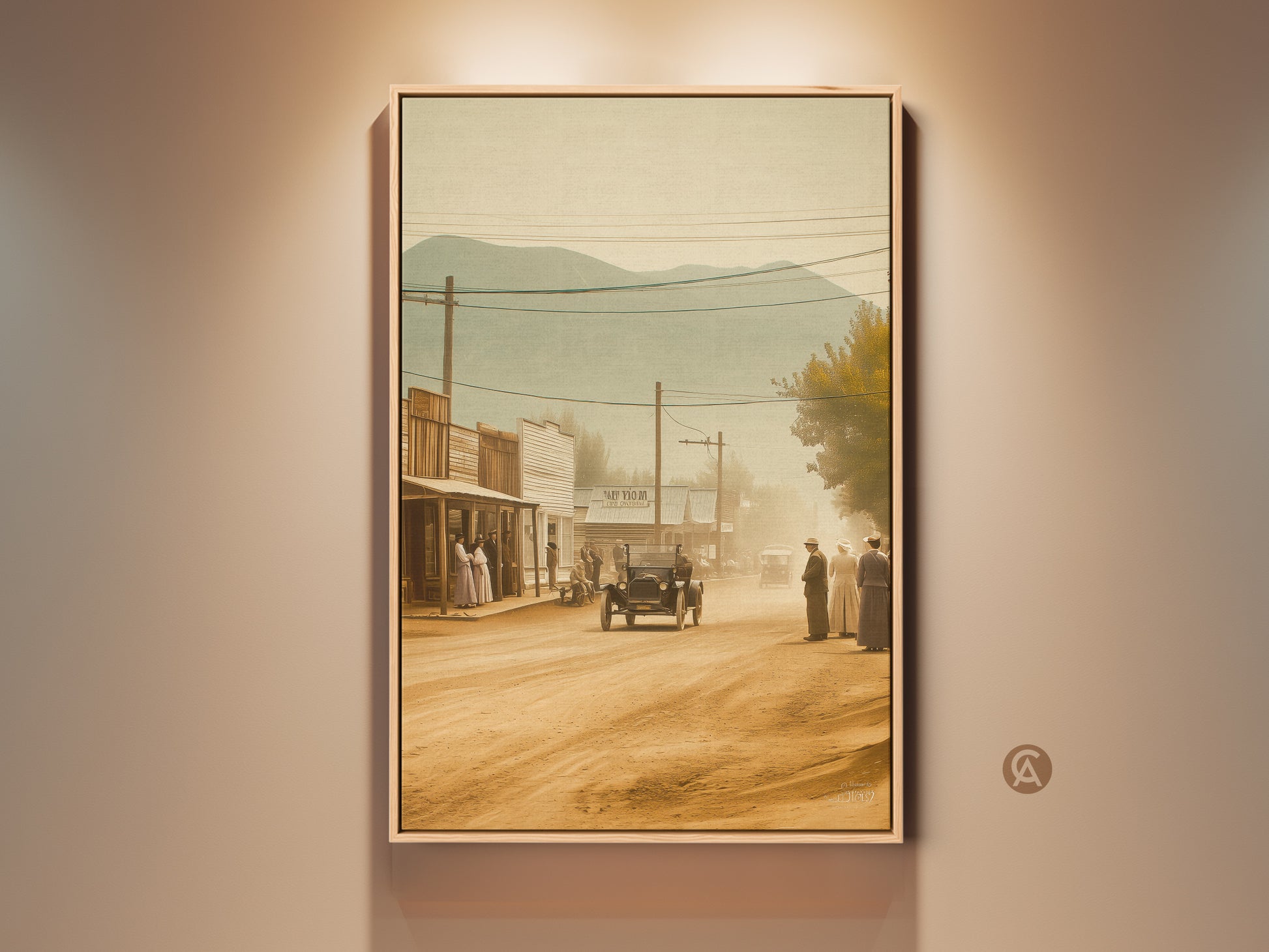 Sepia toned fine art print. The artwork shows a vintage western town scene. A dirt road leads past wooden buildings. People in period clothing are standing near an early model car. This framed canvas art adds rustic charm to any room. A nostalgic piece for history buffs.