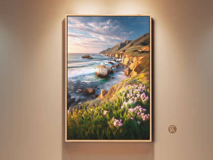 Stunning coastal cliff ocean landscape artwork. It features vibrant wildflowers and rugged cliffs meeting the tranquil ocean. This art print brings seaside beauty to any home. Perfect housewarming gift for beach lovers. The blue yellow green nature decor adds an artistic touch to your wall decor.