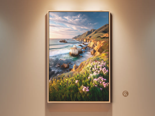 Stunning coastal cliff ocean landscape artwork. It features vibrant wildflowers and rugged cliffs meeting the tranquil ocean. This art print brings seaside beauty to any home. Perfect housewarming gift for beach lovers. The blue yellow green nature decor adds an artistic touch to your wall decor.