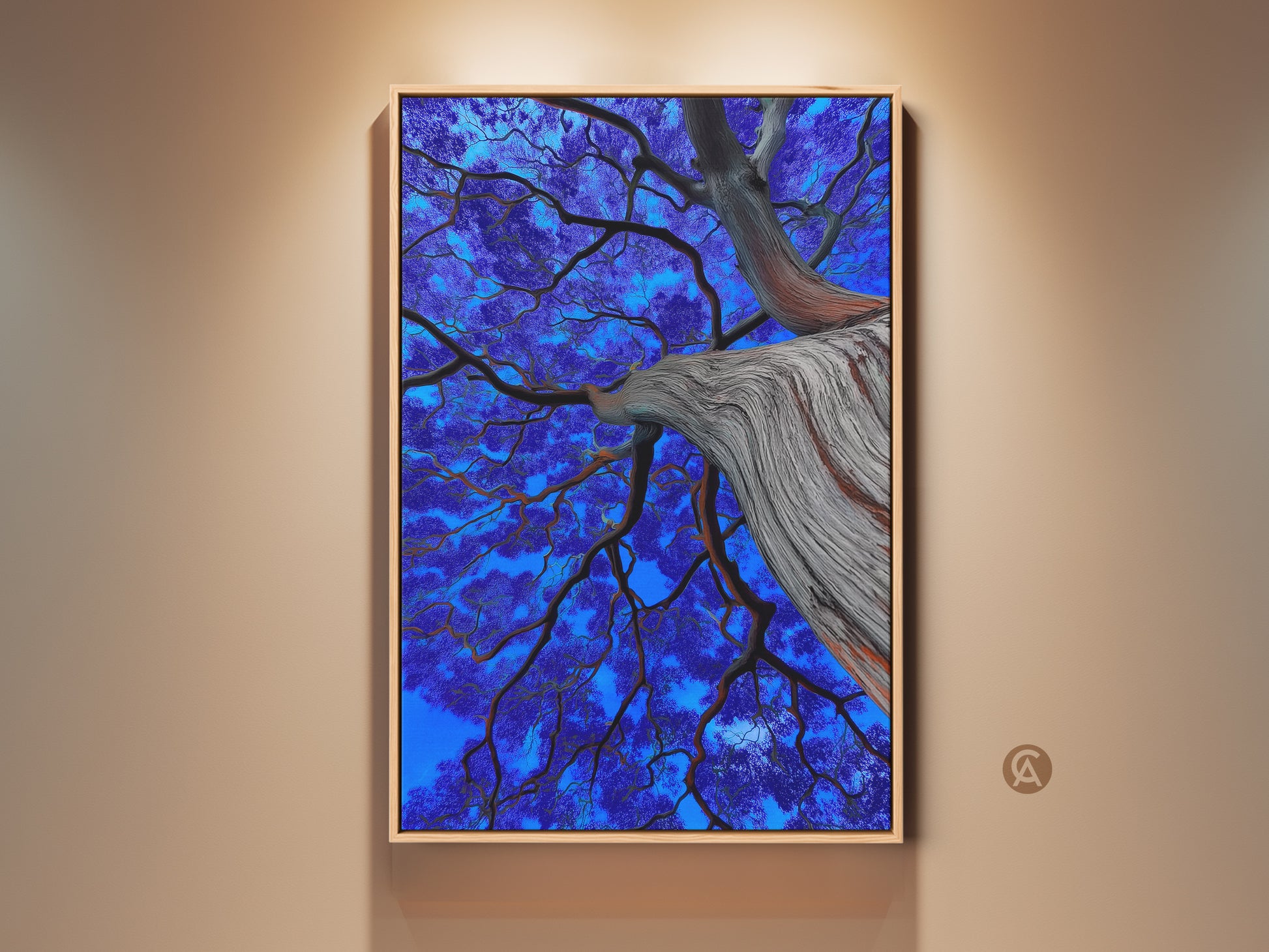 Vibrant electric blue tree canvas art. This surreal nature wall art showcases violet botanical branches. An eclectic home decor piece. The detailed tree canopy offers an artistic touch. A unique tree art gift for nature enthusiasts.