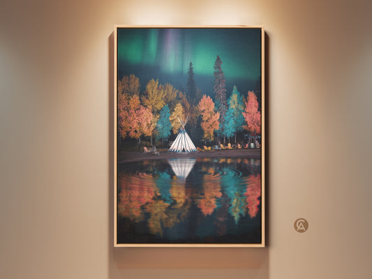 Boho tipi camp canvas art under the aurora borealis. Emerald green teal and autumn orange hues create a dreamy nature scene.  A tranquil lake reflects colorful trees. Perfect wall art for a peaceful bedroom or living room nature landscape home decor.