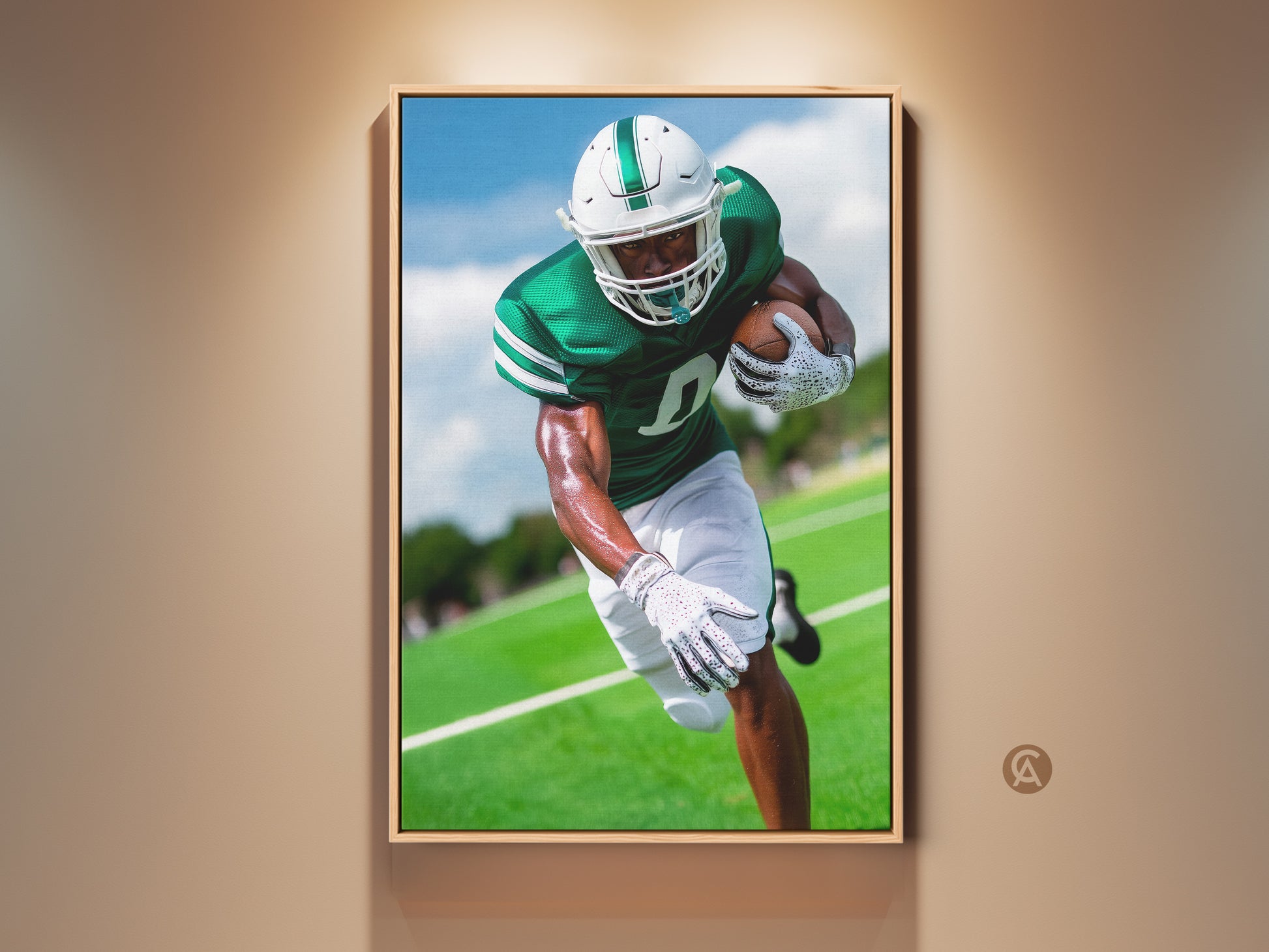 Dynamic football player canvas art featuring an emerald green jersey. This sports print captures action on the field. Ideal office wall decor or a unique gift for a football fan. American football artwork adds motivation to any space. A modern piece for sports enthusiasts.