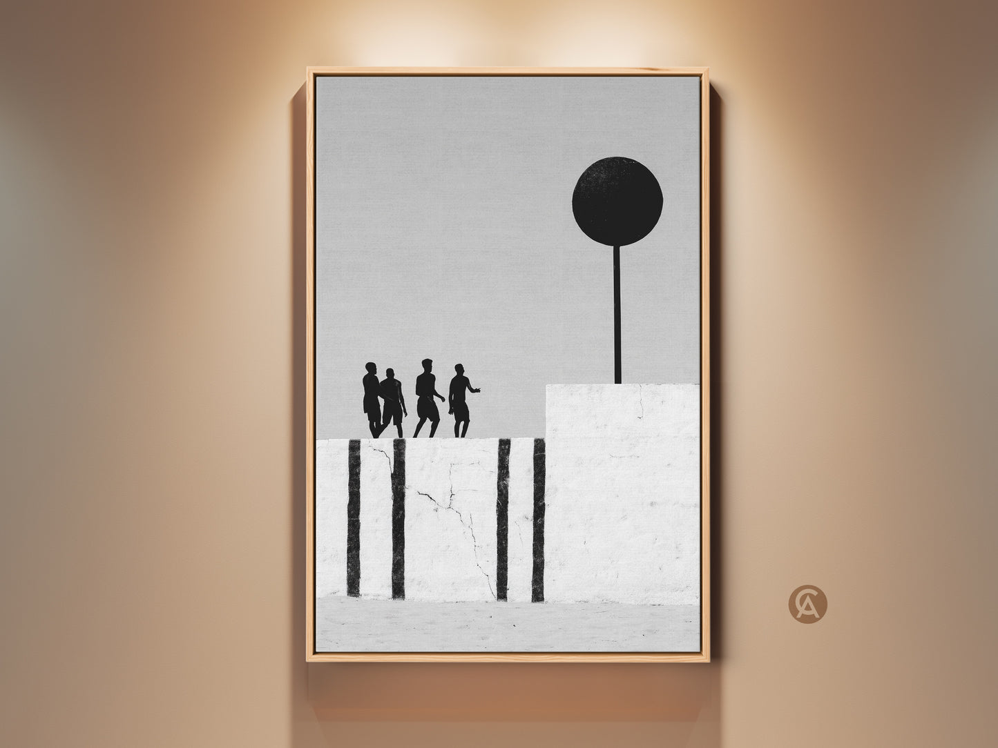 Gallery view of modern abstract wall art. It features surreal figures with a black sphere. Monochrome canvas print minimalist home decor is perfect for a hallway or living room. A great housewarming gift for an art collector.