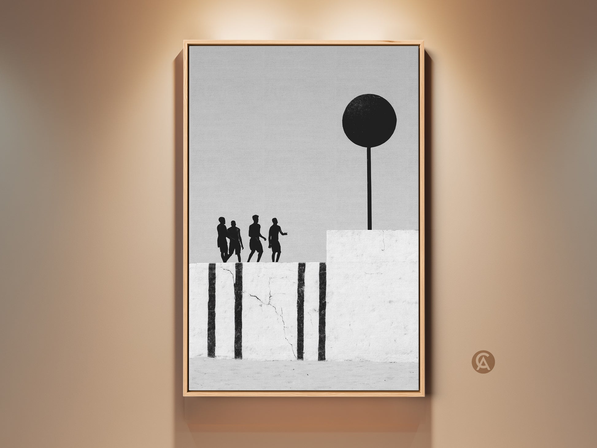 Gallery view of modern abstract wall art. It features surreal figures with a black sphere. Monochrome canvas print minimalist home decor is perfect for a hallway or living room. A great housewarming gift for an art collector.