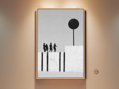 Gallery view of modern abstract wall art. It features surreal figures with a black sphere. Monochrome canvas print minimalist home decor is perfect for a hallway or living room. A great housewarming gift for an art collector.