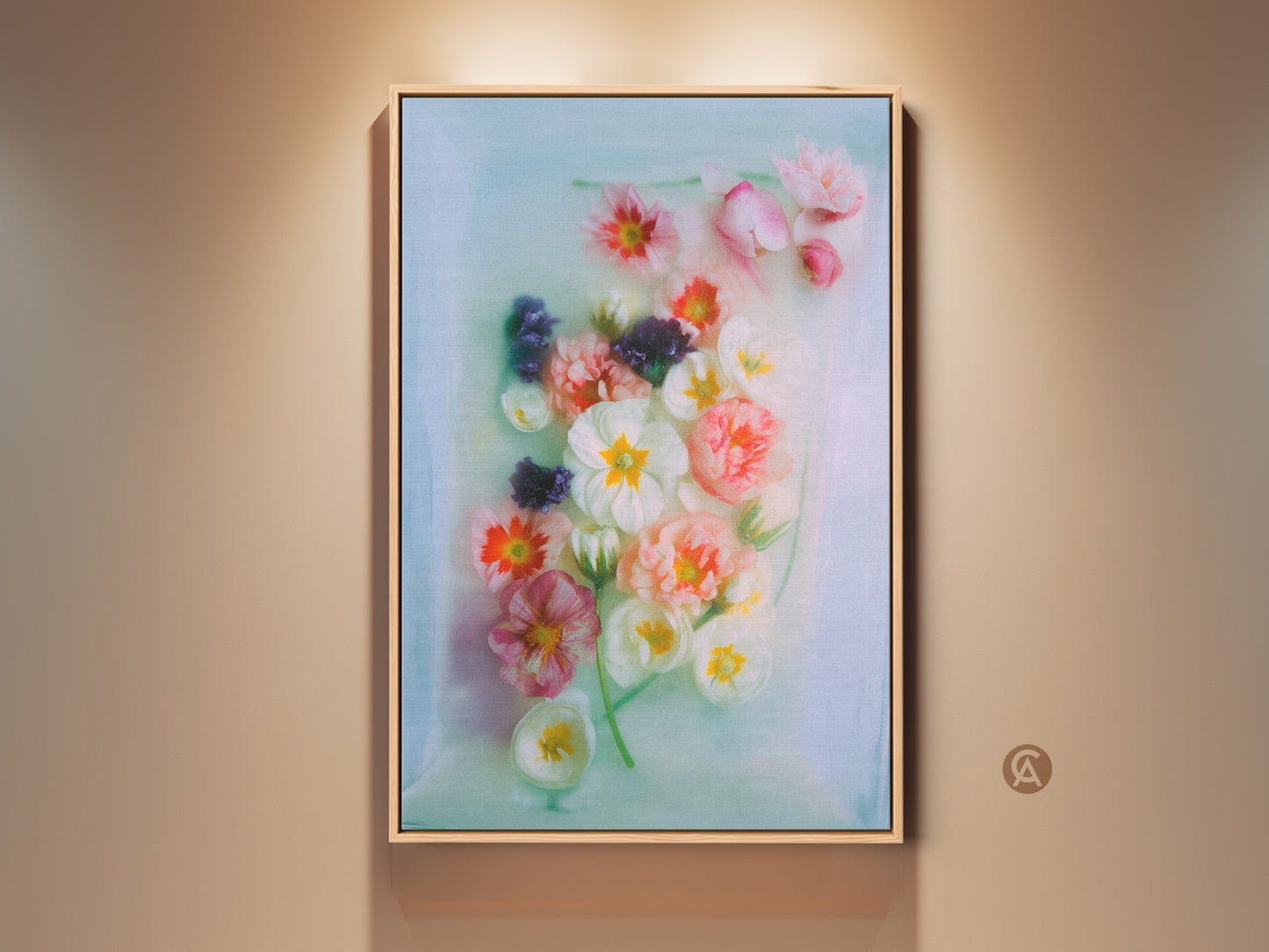 Framed soft pink primrose botanical art. This canvas print features a delicate floral arrangement. The Scandinavian home decor brings a touch of spring. A perfect gift for mom.