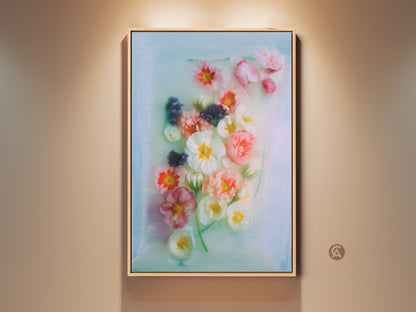 Framed soft pink primrose botanical art. This canvas print features a delicate floral arrangement. The Scandinavian home decor brings a touch of spring. A perfect gift for mom.