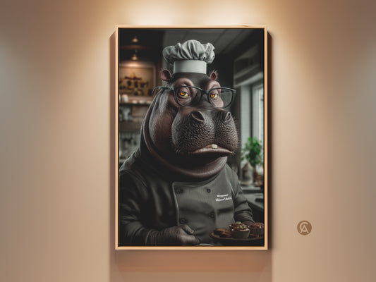 A framed canvas print features a chef hippo holding muffins. This delightful piece adds a touch of humor and eclectic style to any kitchen or dining space. This warm brown and yellow palette canvas makes a perfect gift for birthdays or housewarmings. Adding a unique touch to home decor.