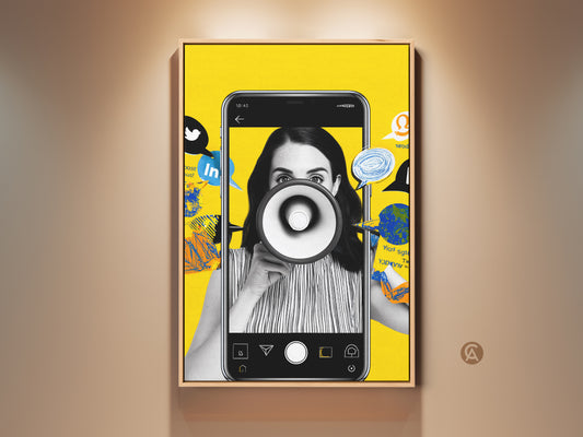 Social media collage art features a woman with a megaphone on a yellow background. This contemporary artwork is a great office decor gift for a marketing professional. The vibrant colors and unique composition make it an eye-catching piece. Perfect for adding energy and inspiration to any workspace.