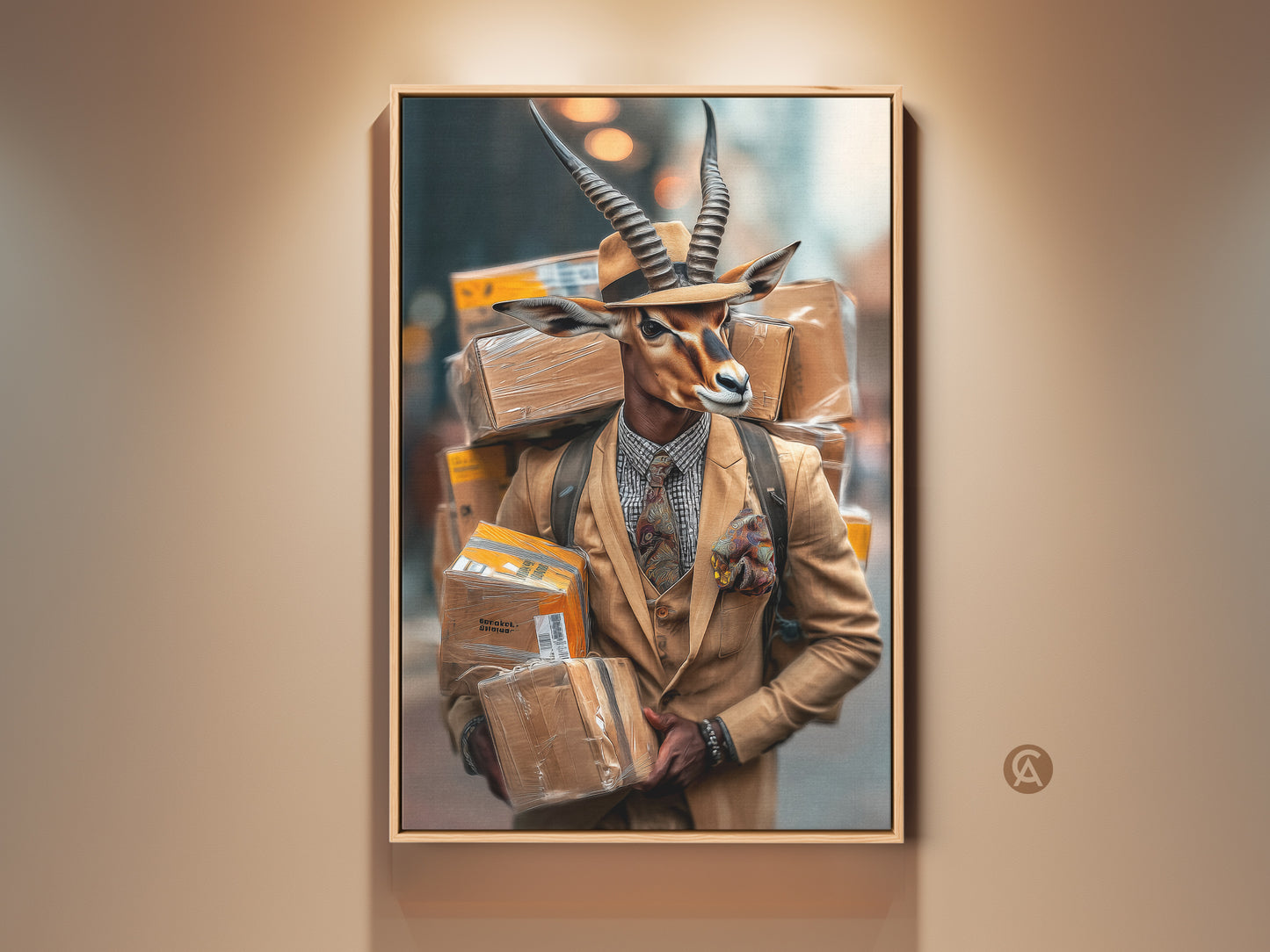 This surreal tan brown art print features a gazelle man in a suit carrying packages. It's a unique animal portrait that adds an eclectic touch to any office or home. The fedora and suit give a quirky sophisticated feel. Perfect gift for a delivery driver or a lover of surrealist artwork.