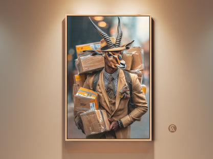 This surreal tan brown art print features a gazelle man in a suit carrying packages. It's a unique animal portrait that adds an eclectic touch to any office or home. The fedora and suit give a quirky sophisticated feel. Perfect gift for a delivery driver or a lover of surrealist artwork.