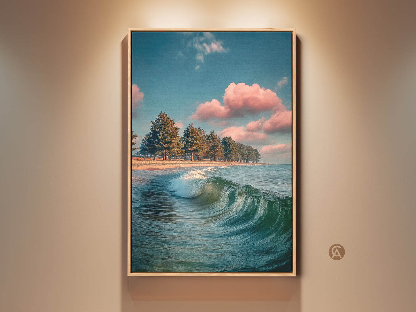 Framed ocean wave art print on wall. Coastal landscape artwork shows pine trees on a beach. Teal blue seascape brings calming nature art to your home. Refreshing wall art for beach house decor.