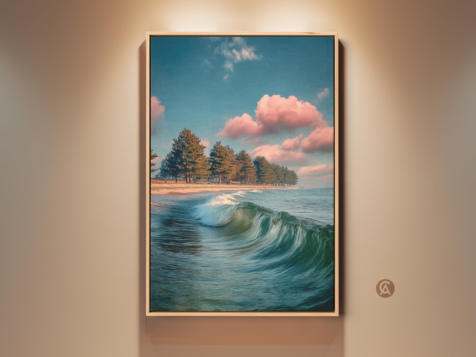 Framed ocean wave art print on wall. Coastal landscape artwork shows pine trees on a beach. Teal blue seascape brings calming nature art to your home. Refreshing wall art for beach house decor.