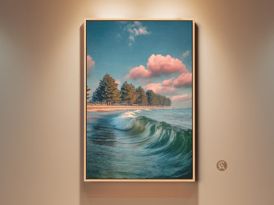 Framed ocean wave art print on wall. Coastal landscape artwork shows pine trees on a beach. Teal blue seascape brings calming nature art to your home. Refreshing wall art for beach house decor.