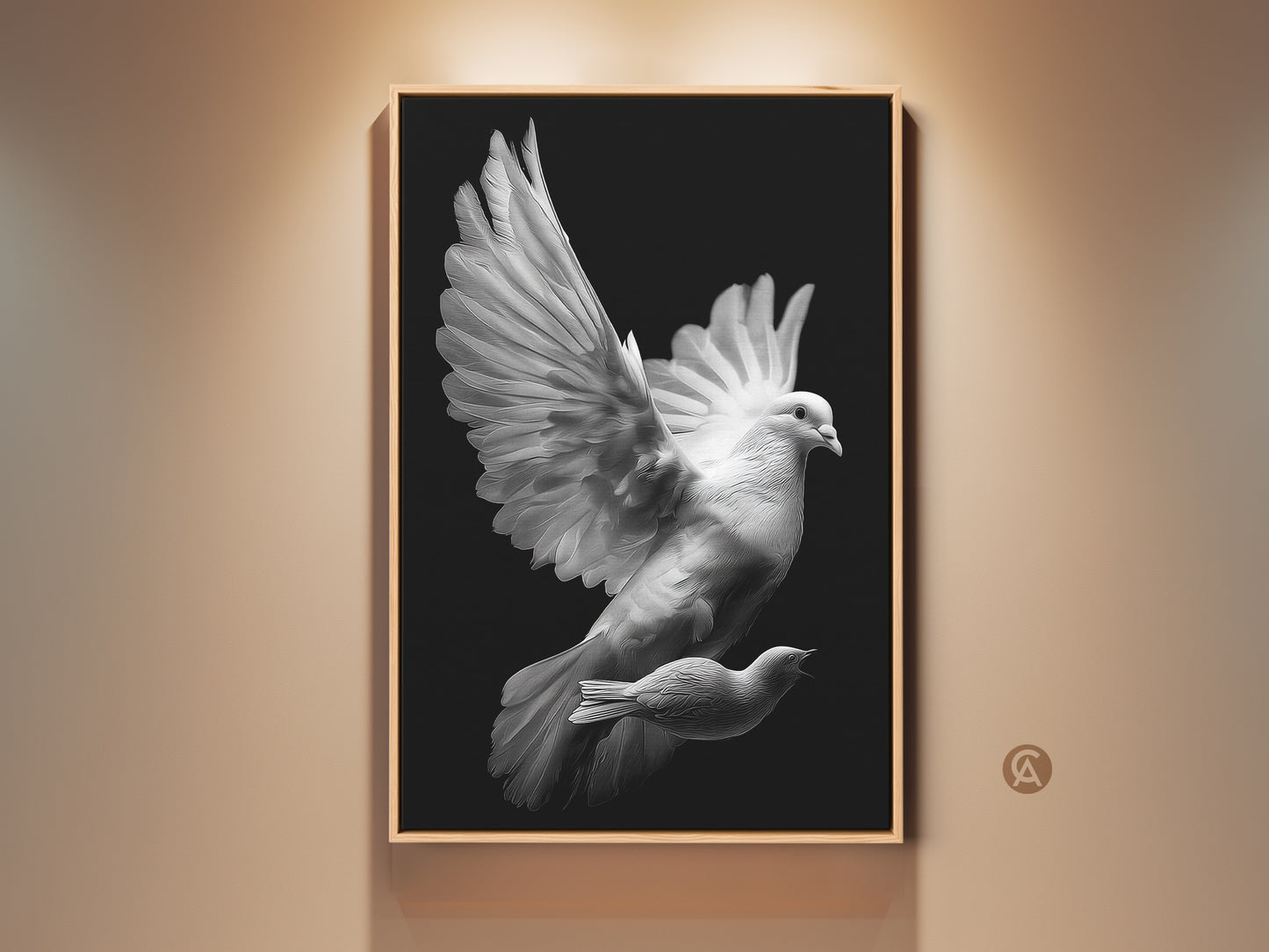 Framed monochrome dove canvas artwork. This black and white bird print is a spiritual gift. The minimalist art offers peaceful home decor. A symbolic animal print ideal for a modern minimalist artwork display.