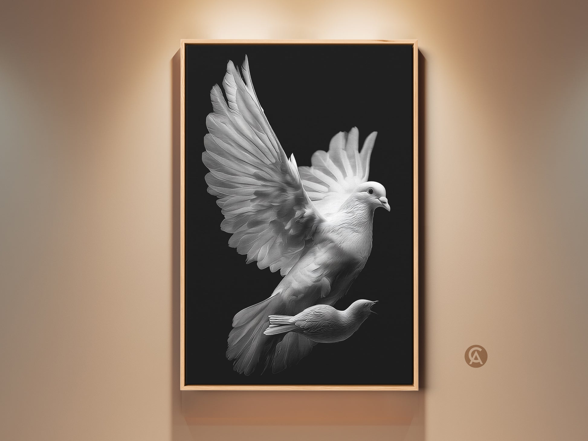 Framed monochrome dove canvas artwork. This black and white bird print is a spiritual gift. The minimalist art offers peaceful home decor. A symbolic animal print ideal for a modern minimalist artwork display.