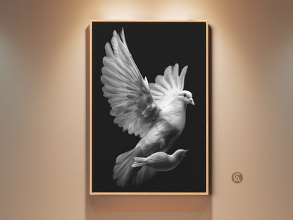 Framed monochrome dove canvas artwork. This black and white bird print is a spiritual gift. The minimalist art offers peaceful home decor. A symbolic animal print ideal for a modern minimalist artwork display.