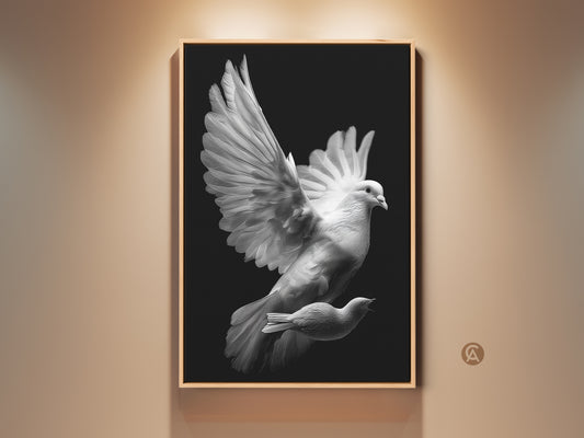 Framed monochrome dove canvas artwork. This black and white bird print is a spiritual gift. The minimalist art offers peaceful home decor. A symbolic animal print ideal for a modern minimalist artwork display.