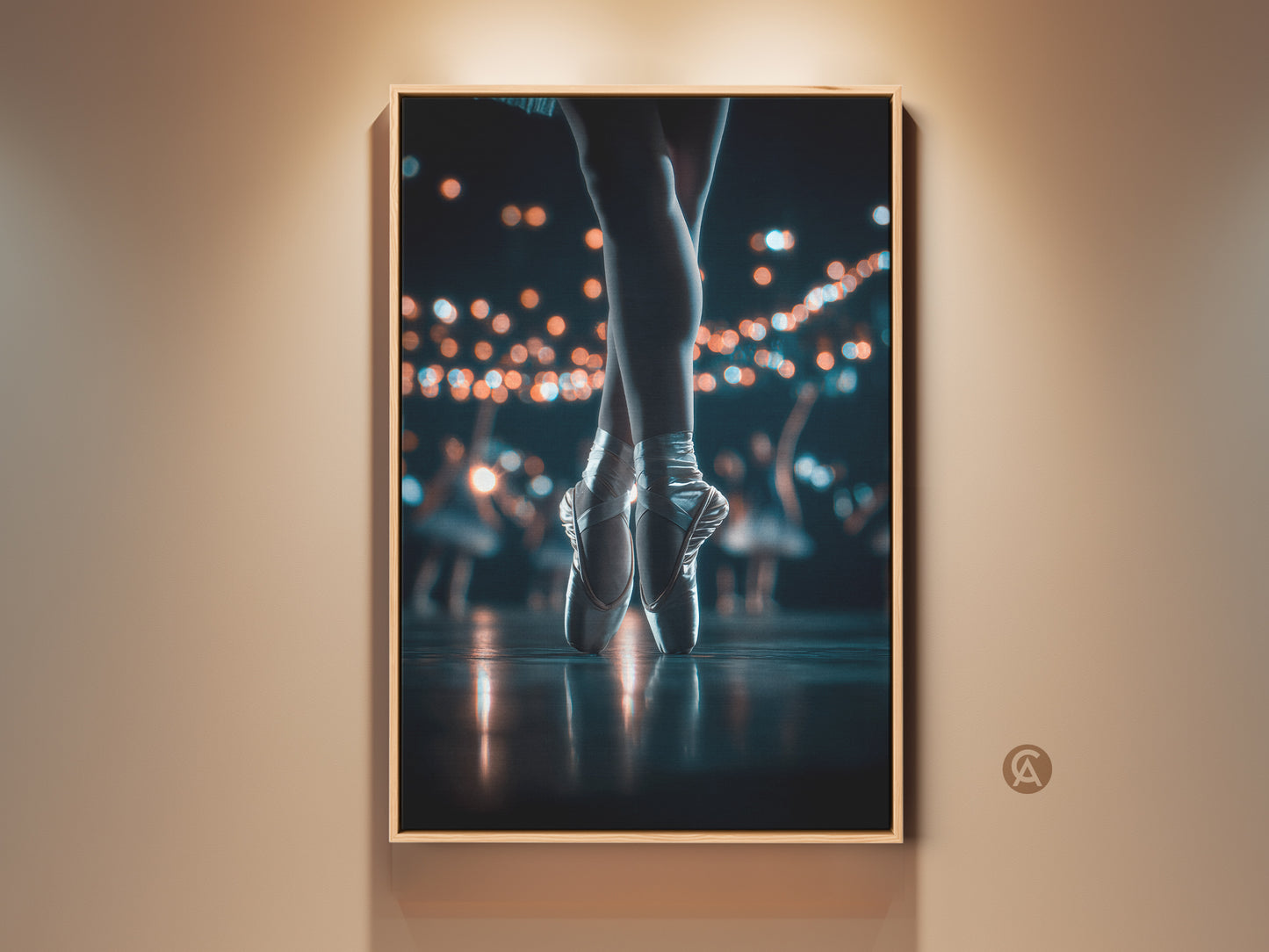 A captivating framed artwork showcasing a ballerina's poised feet in pointe shoes. Soft lighting illuminates the stage. This art piece would be a perfect addition to a dance lover's home. The wooden frame enhances the elegance of this ballet art.