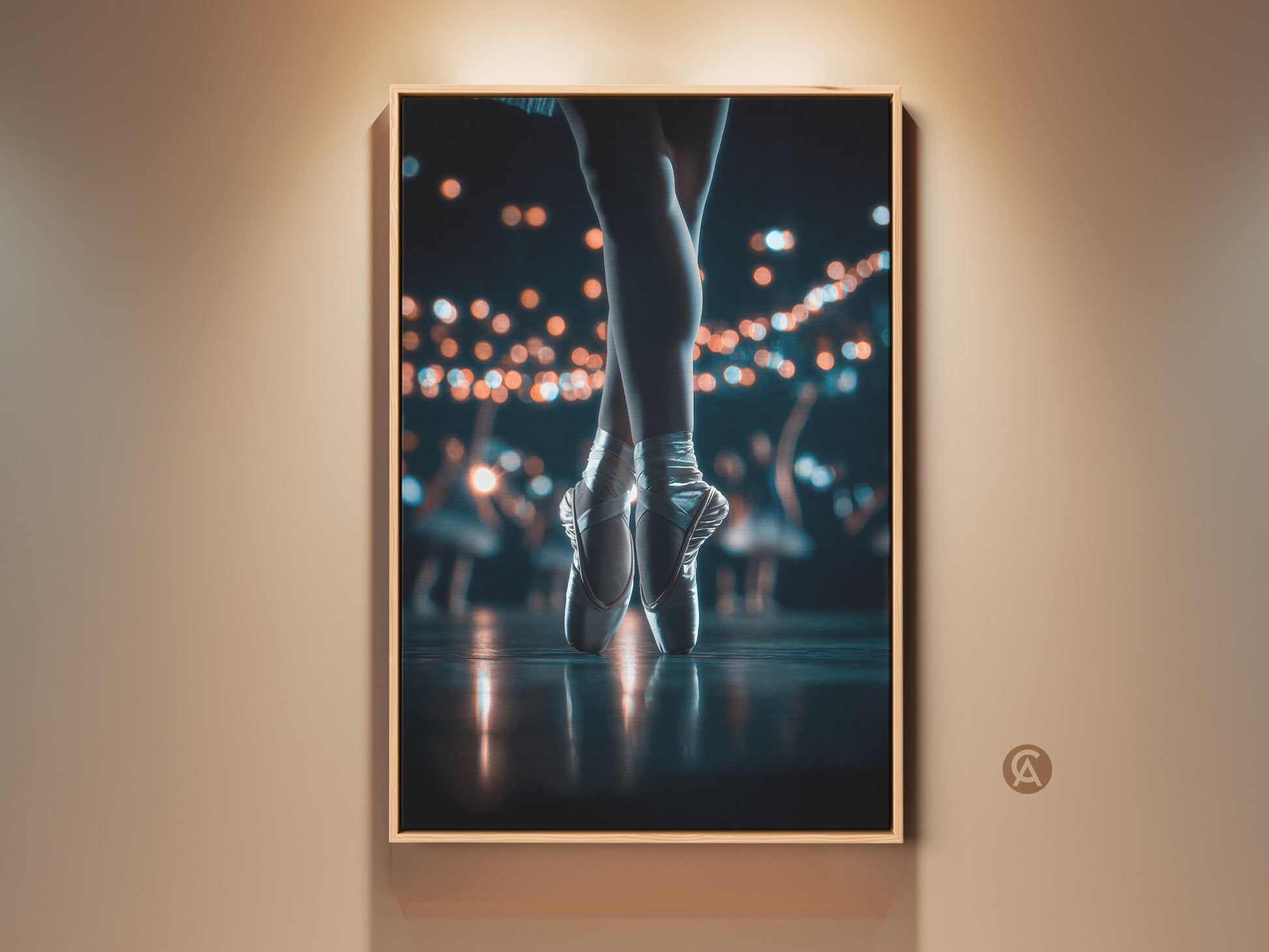 A captivating framed artwork showcasing a ballerina's poised feet in pointe shoes. Soft lighting illuminates the stage. This art piece would be a perfect addition to a dance lover's home. The wooden frame enhances the elegance of this ballet art.