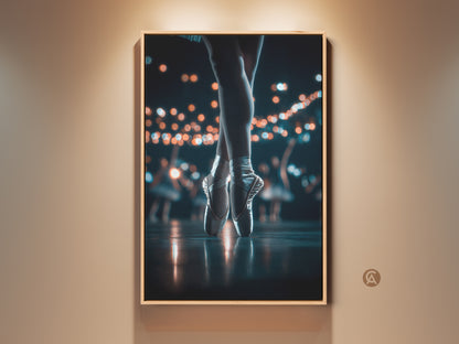 A captivating framed artwork showcasing a ballerina's poised feet in pointe shoes. Soft lighting illuminates the stage. This art piece would be a perfect addition to a dance lover's home. The wooden frame enhances the elegance of this ballet art.