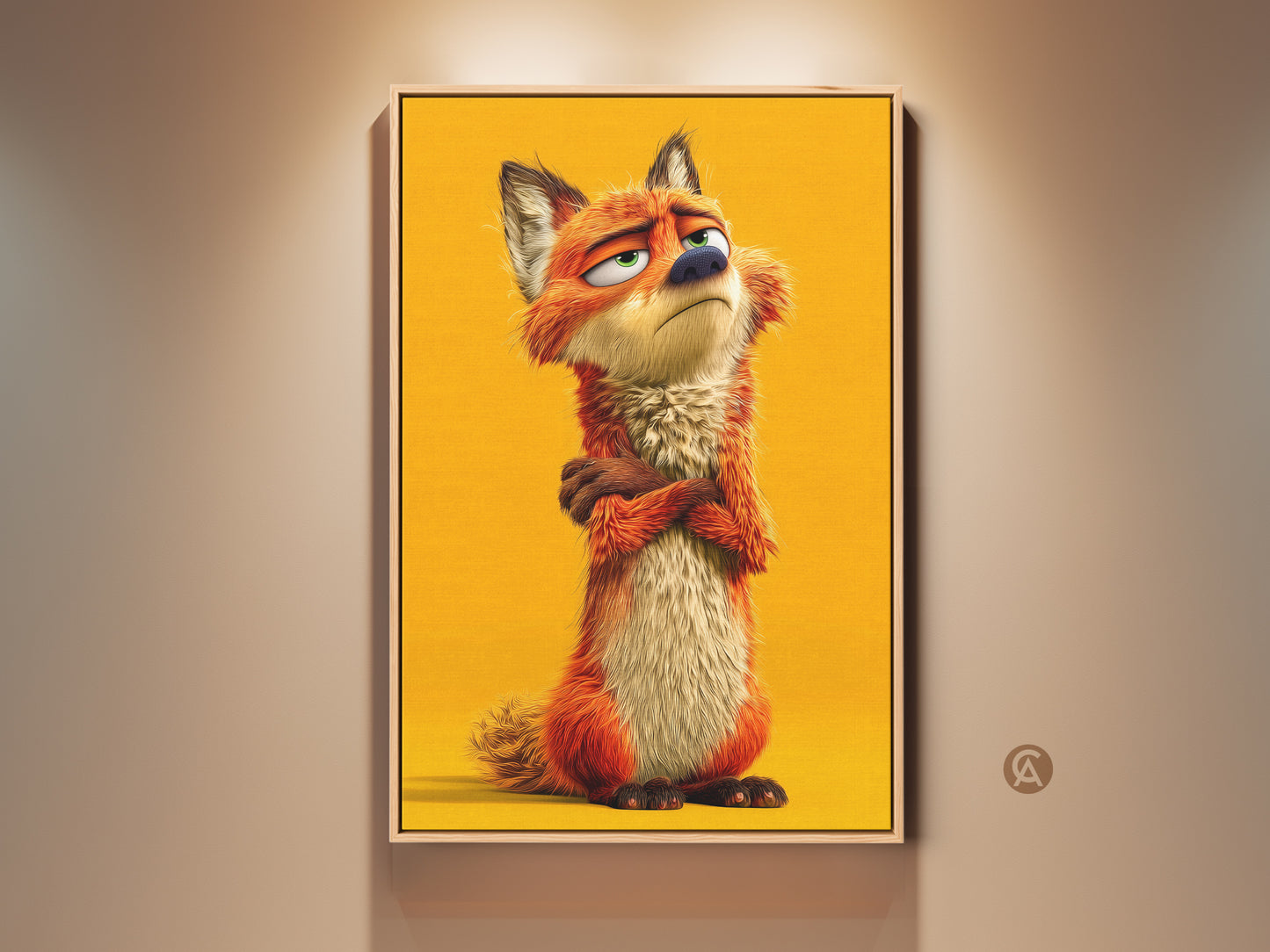 Framed whimsical fox canvas art. This cute animal character print would be great kids room decor. It features an eclectic yellow orange palette for wall art. The funny cartoon fox art adds character.