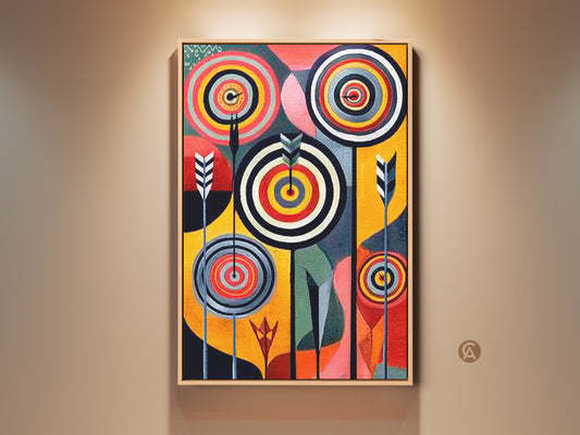 Framed abstract geometric art print hangs on a beige wall. This mid-century modern wall decor features retro circles and arrow patterns. This eclectic art style brings a unique touch to any hallway or living space.