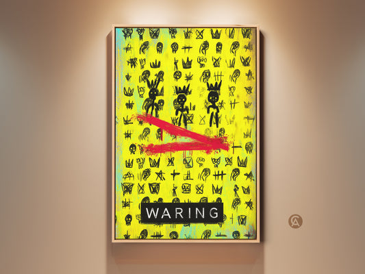 Street art canvas print features neon yellow and black graffiti with crowns and skulls. This pop art piece is perfect for teen room decor or office wall art. The bold abstract skull art adds an edgy vibe. This artwork will make a unique birthday gift for art lovers who appreciate urban contemporary pieces.