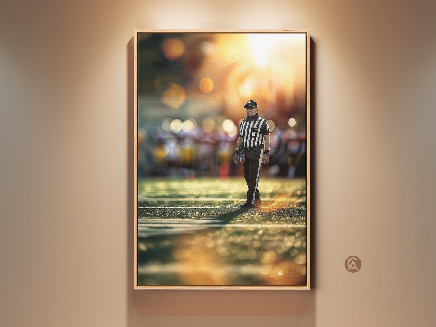 Sports referee artwork is displayed in a floating frame. The football action photography is bathed in golden hour light. This canvas print enhances any office decor or sports-themed space. A great gift for sports fans.