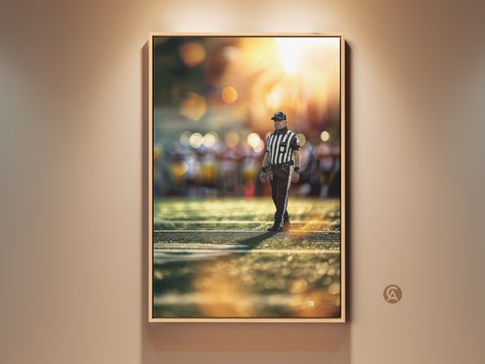 Sports referee artwork is displayed in a floating frame. The football action photography is bathed in golden hour light. This canvas print enhances any office decor or sports-themed space. A great gift for sports fans.