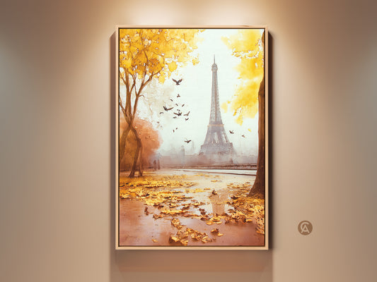 Eiffel Tower watercolor landscape art print showcases a golden yellow Autumn Paris scene. Eclectic home decor enhances any room. A perfect Francophile gift with warm orange and brown tones. This artwork adds a touch of Parisian beauty to your home.