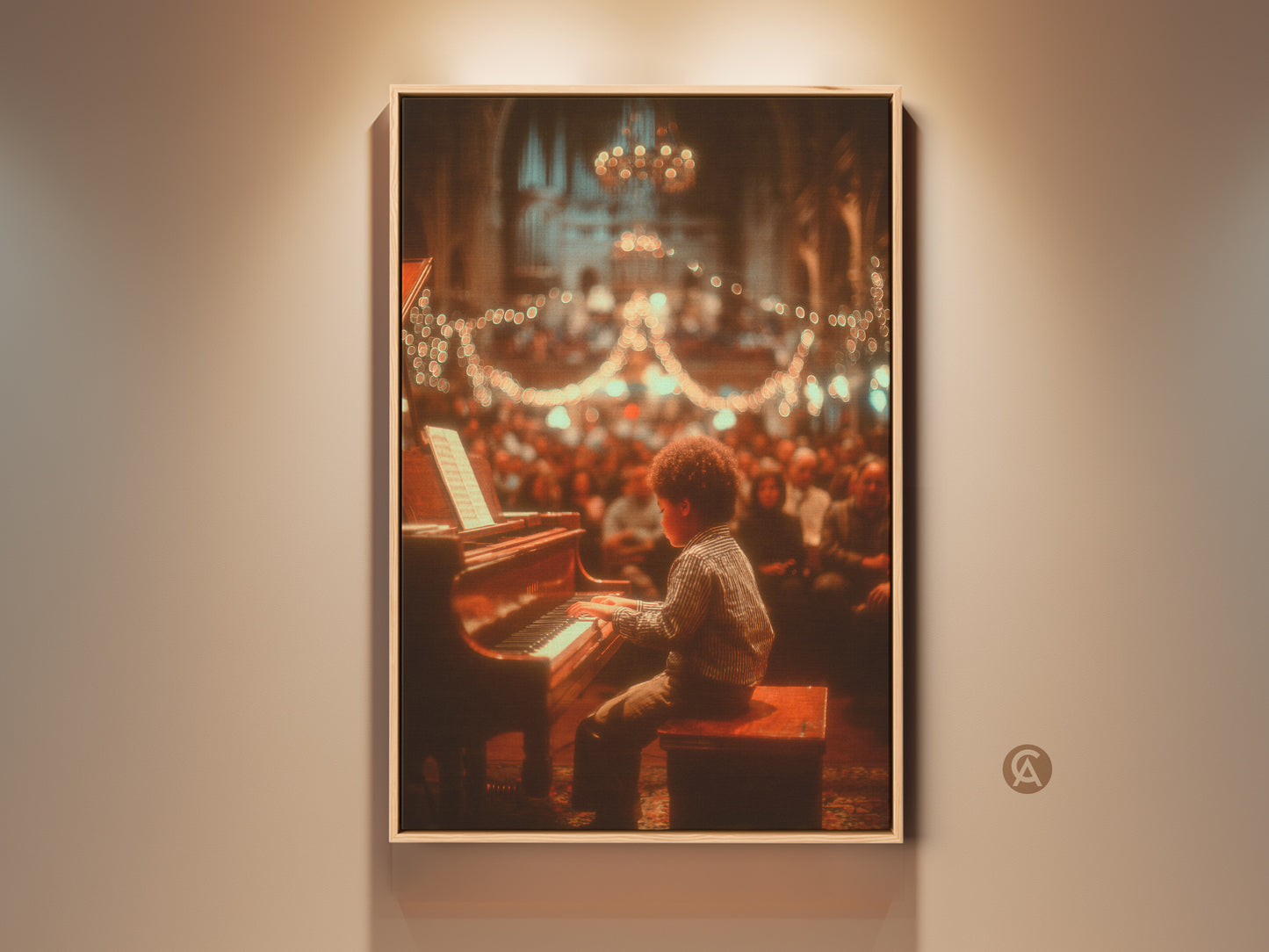 Experience the magic of music with this captivating artwork. A young boy is playing the piano in front of a crowd. The image captures the warmth and beauty of a live performance. This art piece adds a touch of elegance to any space.