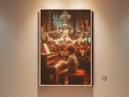 Experience the magic of music with this captivating artwork. A young boy is playing the piano in front of a crowd. The image captures the warmth and beauty of a live performance. This art piece adds a touch of elegance to any space.