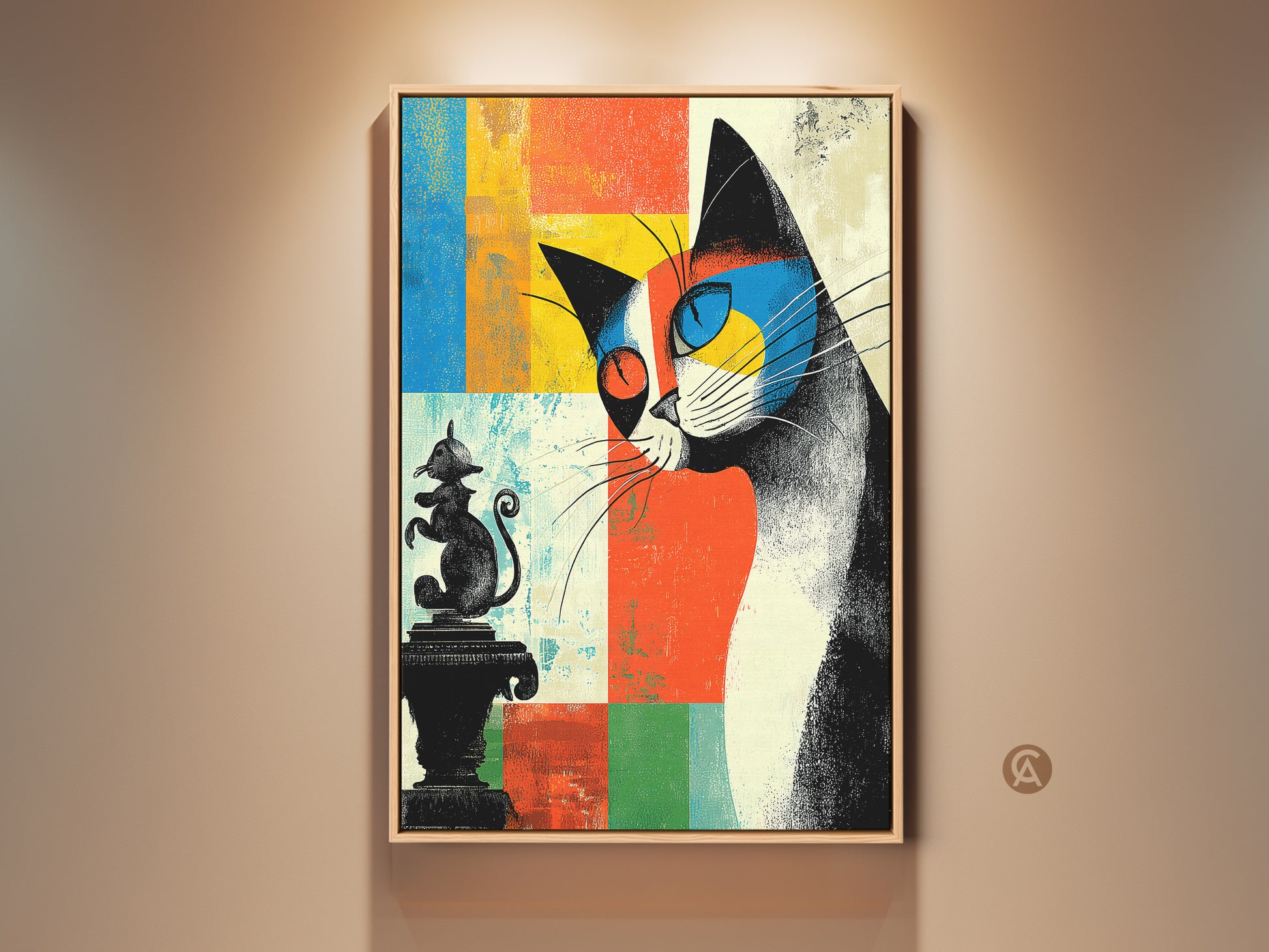 Framed eclectic abstract cat wall art in mid century modern style. Cat art features a playful mouse statue. Blue yellow and orange canvas art adds vibrant touch. A unique gift idea for cat lovers and housewarming.