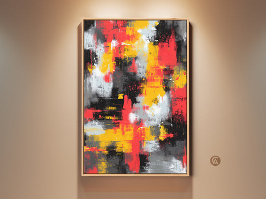 Modern abstract art in a wooden frame. The artwork features bold strokes of red yellow black and white. A contemporary painting that adds a vibrant touch to any space. Perfect as a statement piece for your home decor. Buy framed abstract art to elevate your living room.