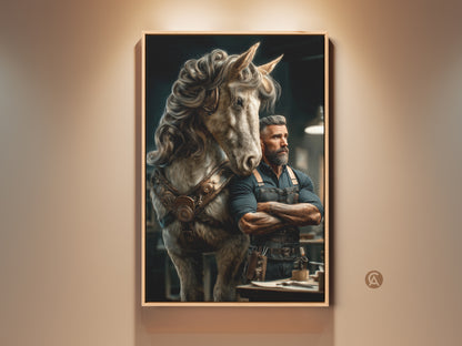 This canvas print features a steampunk man with his horse. It's a unique piece of fantasy artwork. The art brings eclectic decor to any space. Perfect for a study room or office. It's a great gift for horse lovers. Beige gold and brown colors enhance the vintage style. Leather steampunk harness adds artistic flair.