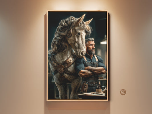 This canvas print features a steampunk man with his horse. It's a unique piece of fantasy artwork. The art brings eclectic decor to any space. Perfect for a study room or office. It's a great gift for horse lovers. Beige gold and brown colors enhance the vintage style. Leather steampunk harness adds artistic flair.