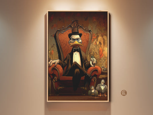 A dapper duck sits in an ornate chair. This vintage suit duck canvas art features a Neo-Victorian animal print. It's perfect for office study or eclectic decor. The rich brown and red tones add sophistication. This is a unique gift for animal lovers.