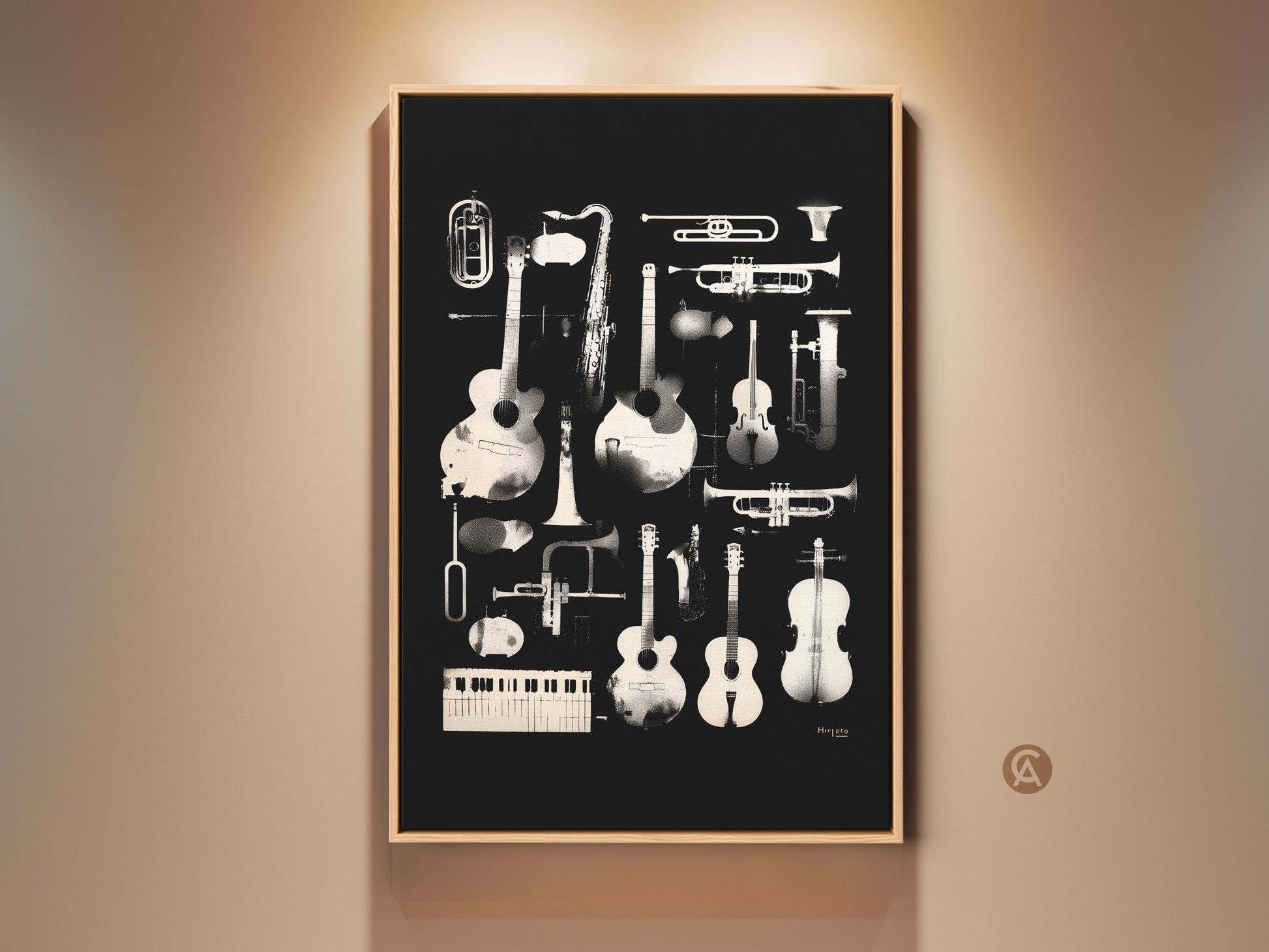 Framed wall art featuring a collection of musical instruments. The instruments include guitars saxophones trumpets and violins. This artwork is a stylish addition to any music lover's home decor. The frame adds a touch of elegance to the composition