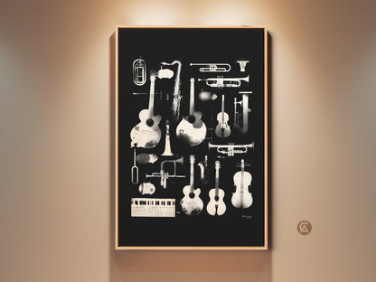 Framed wall art featuring a collection of musical instruments. The instruments include guitars saxophones trumpets and violins. This artwork is a stylish addition to any music lover's home decor. The frame adds a touch of elegance to the composition