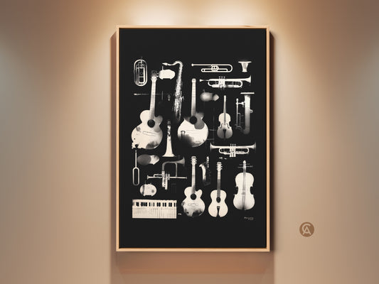 Framed wall art featuring a collection of musical instruments. The instruments include guitars saxophones trumpets and violins. This artwork is a stylish addition to any music lover's home decor. The frame adds a touch of elegance to the composition
