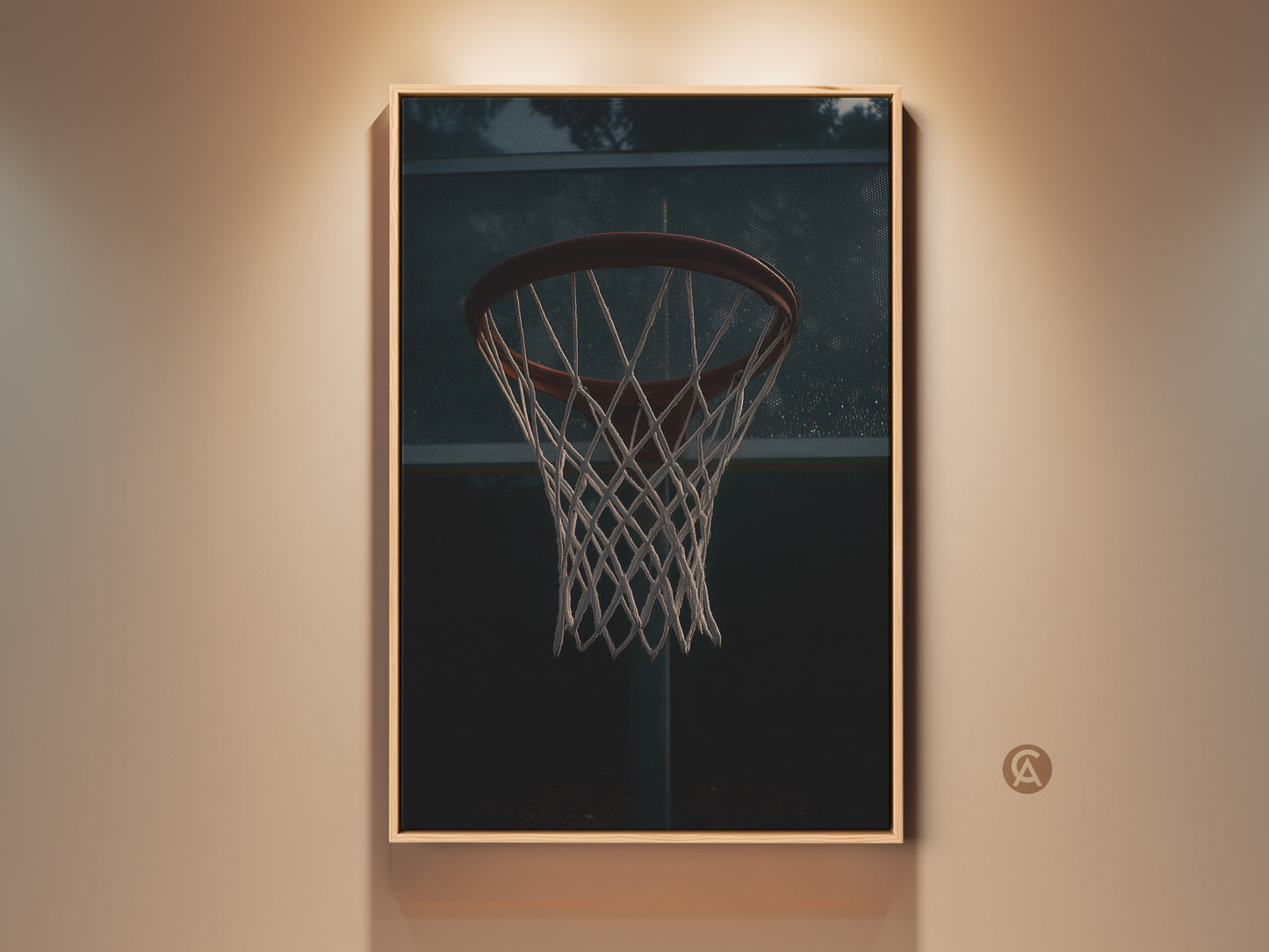 Man Cave Wall Art featuring a basketball hoop print. This industrial sports decor is ideal for a game room. The dark red net artwork adds an athletic touch. This canvas is a perfect sports fan gift idea for home decor.